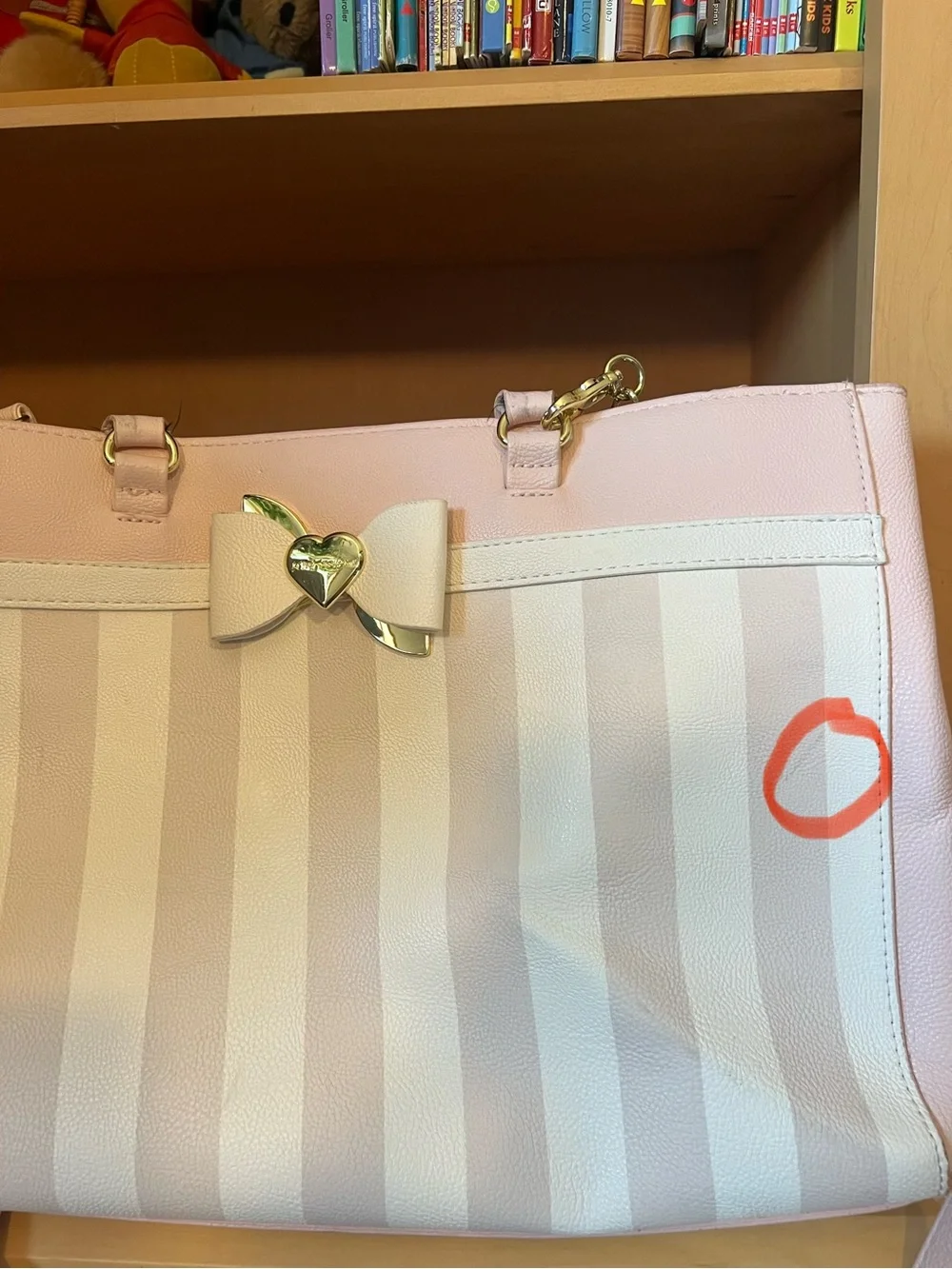 Betsey Johnson Pink and Cream Striped Satchel with Bow Charm